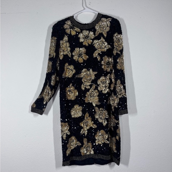Women's Vintage Evening Dress Gold Sequins Beading Long Evening Party Dress